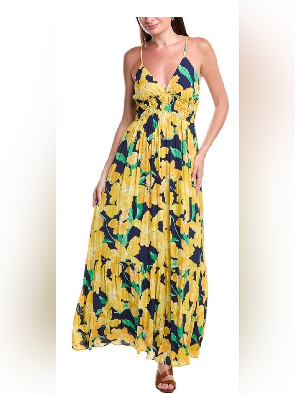 NEW HUTCH Fran Maxi Dress S Small Yellow Blue V-Neck Tiered Spaghetti Strap